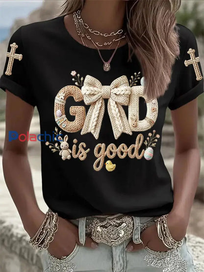 T-shirt décontracté imprimé lapin de Pâques pour femmes Noir / S