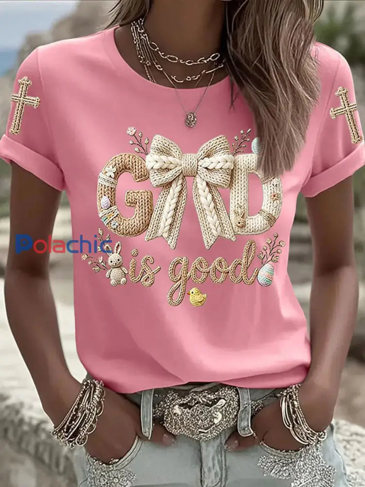 T-shirt décontracté imprimé lapin de Pâques pour femmes Rose / S