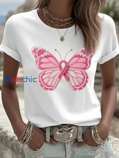T shirt Décontracté Imprimé Papillon Rose Femme Blanc / S