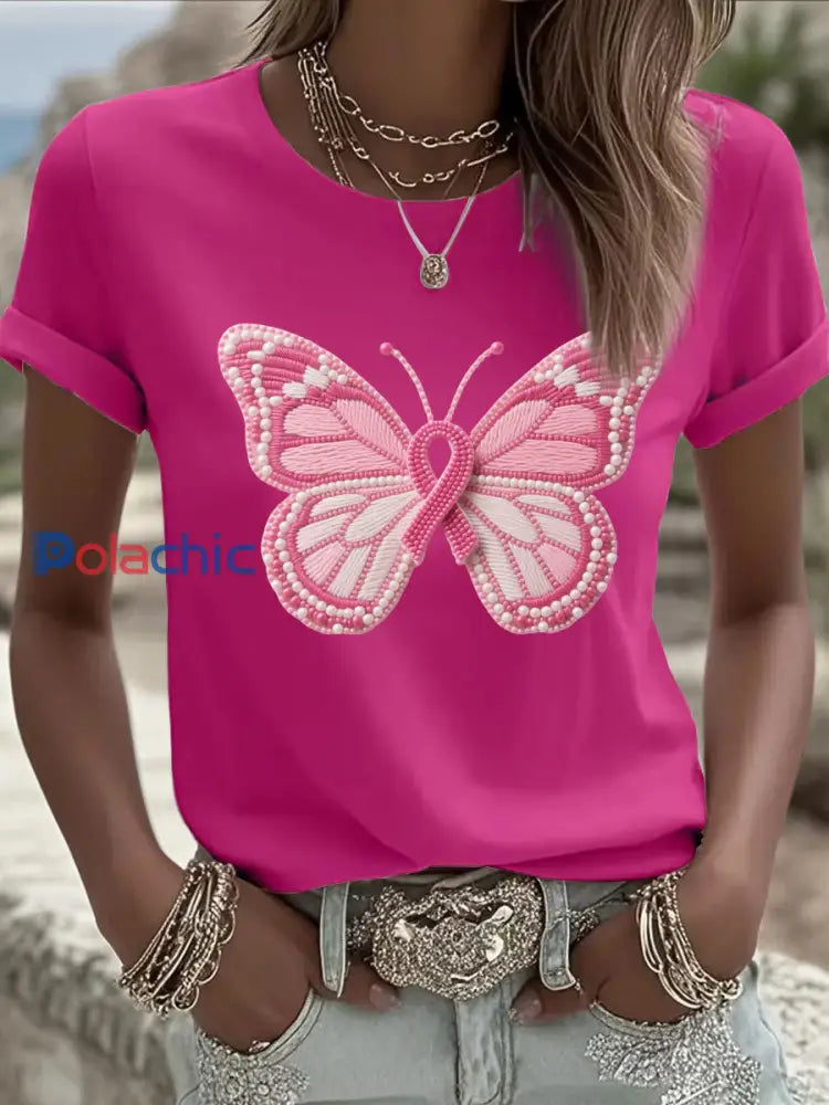 T shirt Décontracté Imprimé Papillon Rose Femme Rose Rouge / S