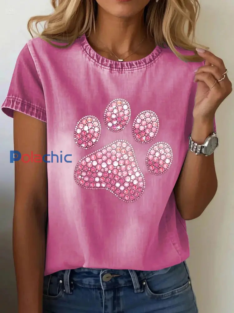 T-shirt Décontracté Imprimé Patte Rose Femme Rose / S