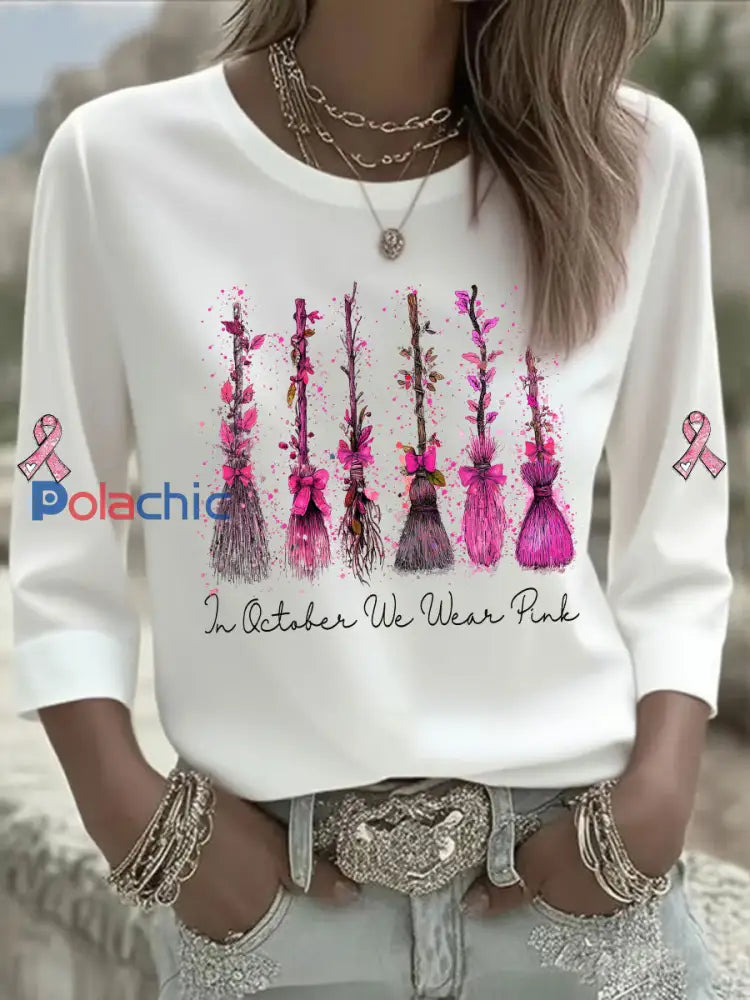 T-shirt décontracté imprimé rose In october We Wear pour femme Blanc / S