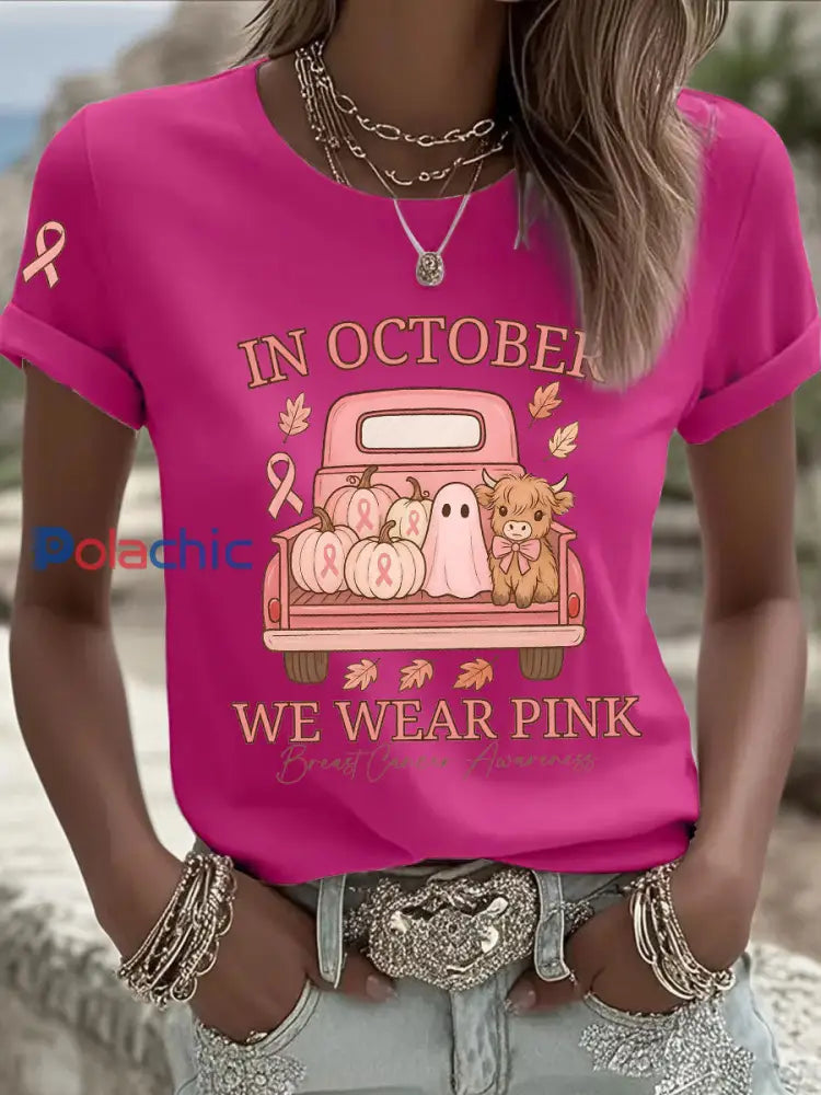 T-shirt décontracté imprimé rose In october We Wear pour femme Rose Rouge / S