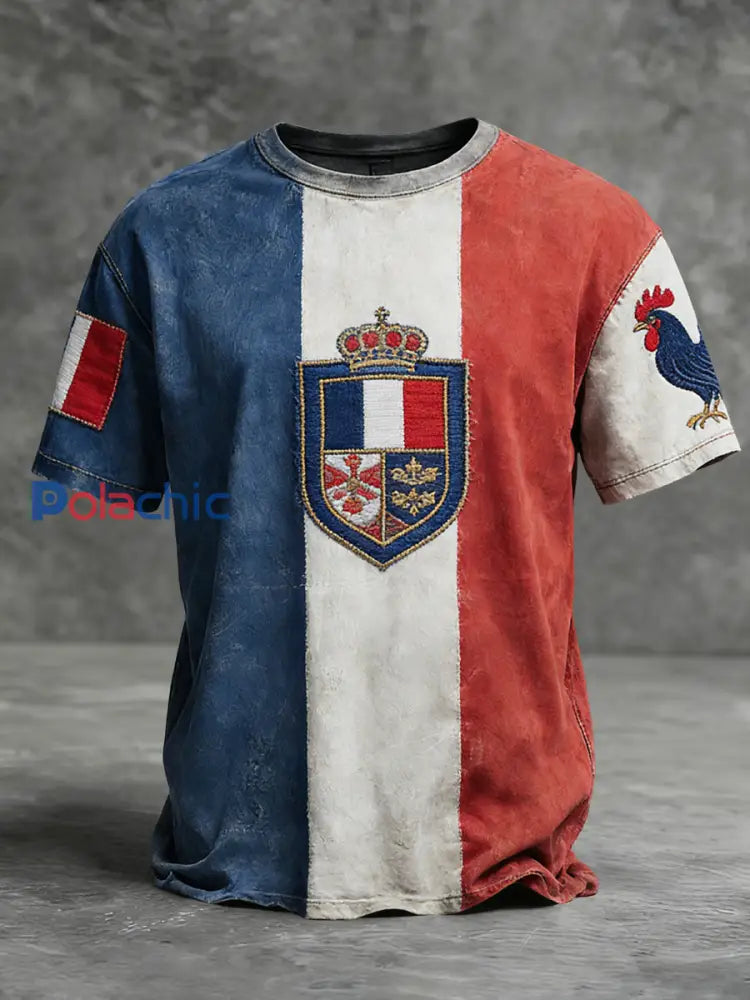 T-shirt décontracté patchwork de coq drapeau français délavé vintage Multicolore / S