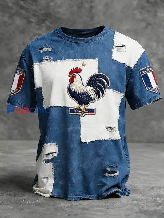 T-shirt décontracté patchwork de coq français délavé vintage Multicolore / S