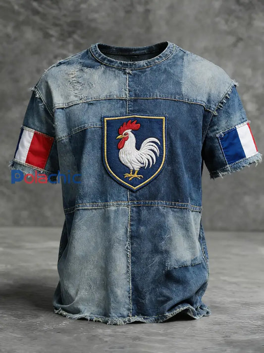 T-shirt décontracté patchwork emblème de coq français délavé vintage Multicolore / S