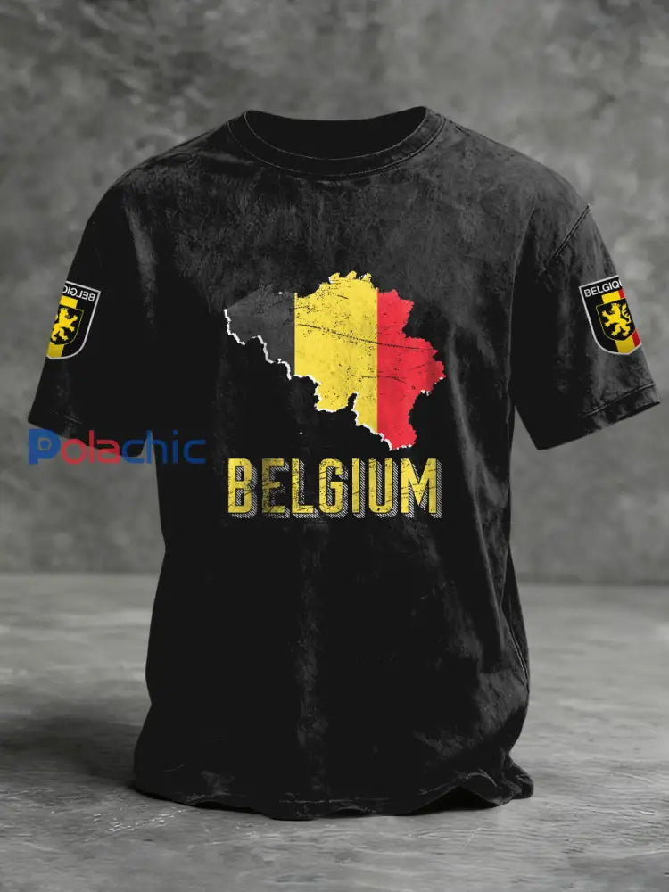 T-shirt décontracté rétro avec carte de drapeau belge Noir / S