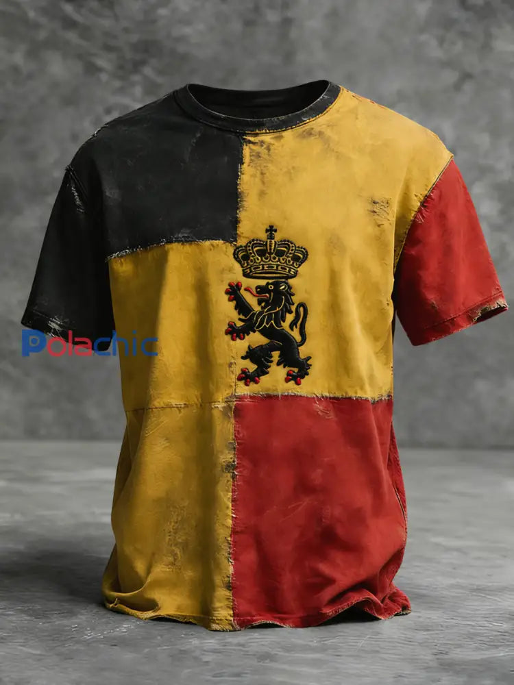 T-shirt décontracté rétro drapeau belge patchwork géométrique Multicolore / S