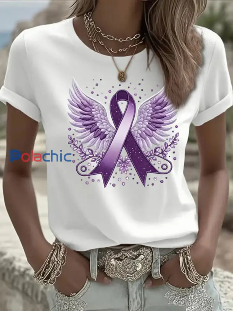 T-shirt Décontracté Violet Imprimé Ruban Femme blanc / S