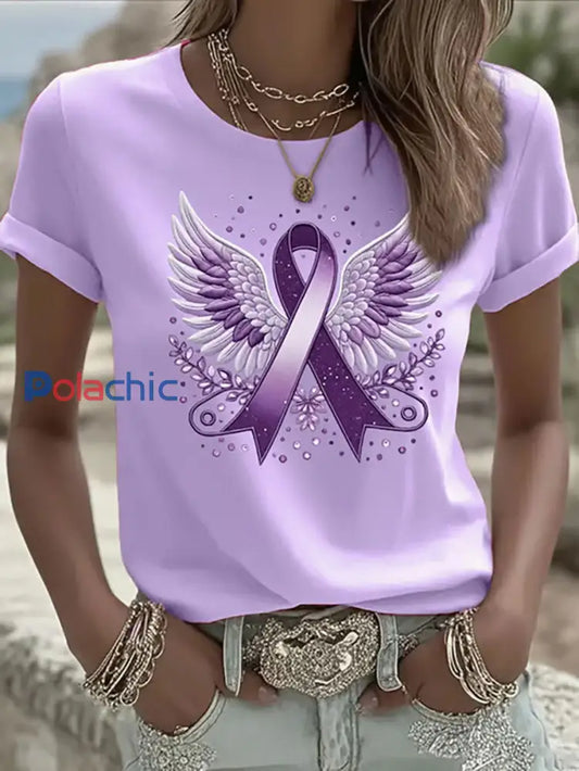 T-shirt Décontracté Violet Imprimé Ruban Femme violet clair / S