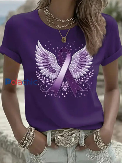 T-shirt Décontracté Violet Imprimé Ruban Femme violet / S