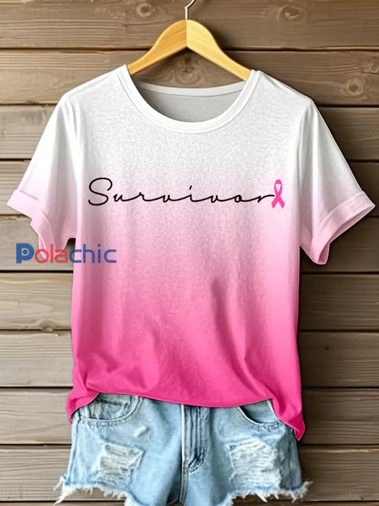 T-shirt dégradé imprimé Survivor du cancer du sein pour femme Rose / S