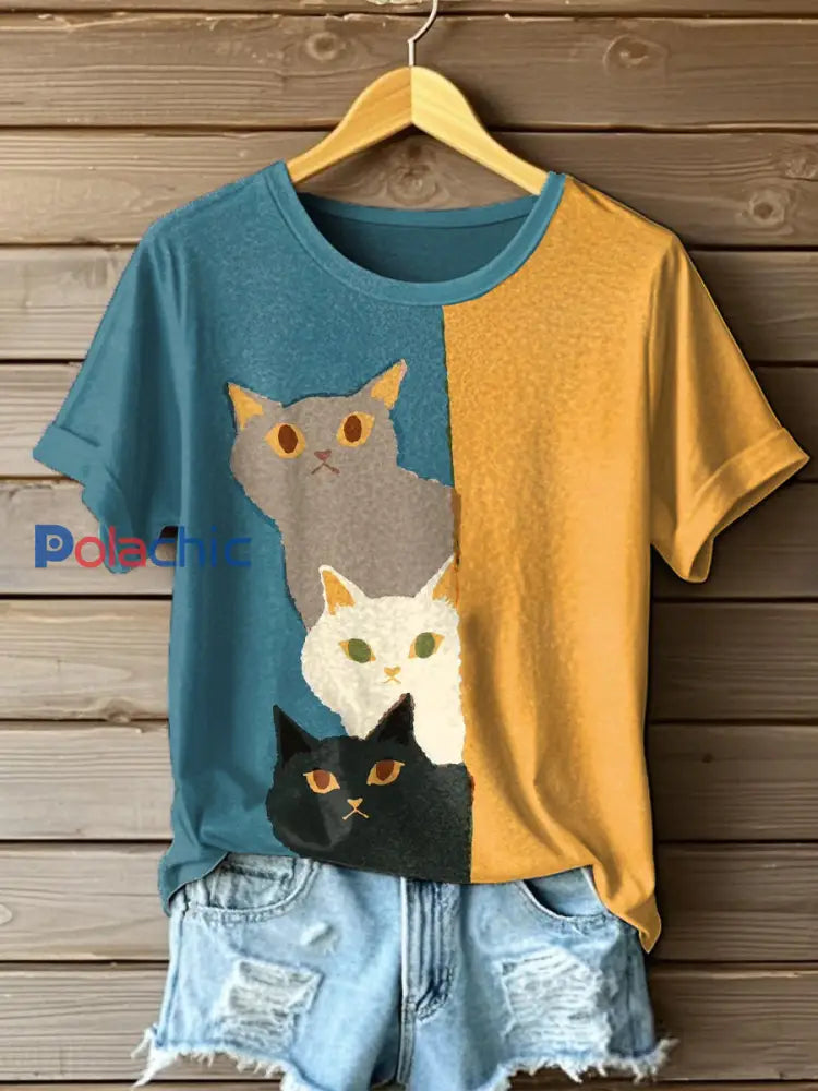 T-shirt drôle d’impression d’art de chat de femmes comme image / S