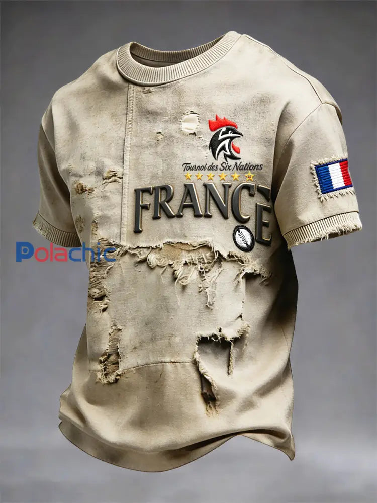 T-shirt en jersey décontracté kaki à imprimé vintage de rugby français pour hommes Kaki / S