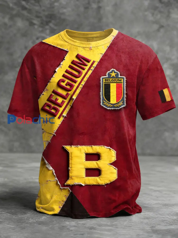 T-shirt en patchwork à imprimé Belgian Initial B Design pour homme Rouge / S