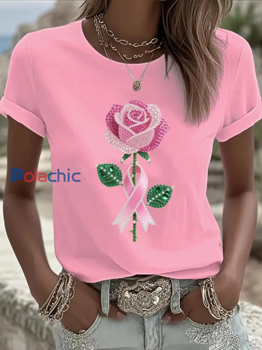 T-shirt Femme Rose Cancer Du Sein Imprimé comme image / S