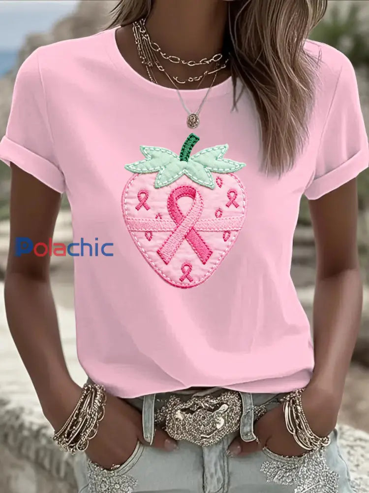T-shirt Femme Rose Cancer Du Sein Imprimé Fraise Brodé Rose / S