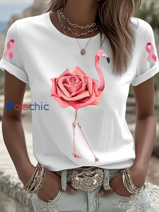 T shirt Femme Rose Flamingo Breast Cancer Awareness à manches courtes Blanc / S