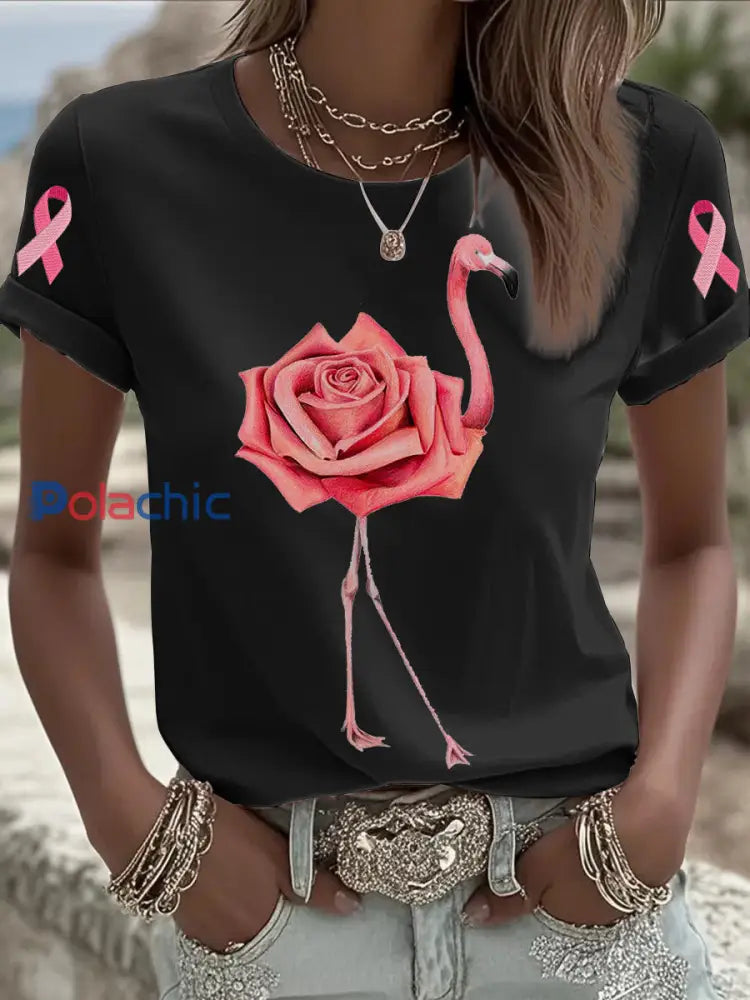 T shirt Femme Rose Flamingo Breast Cancer Awareness à manches courtes Noir / S