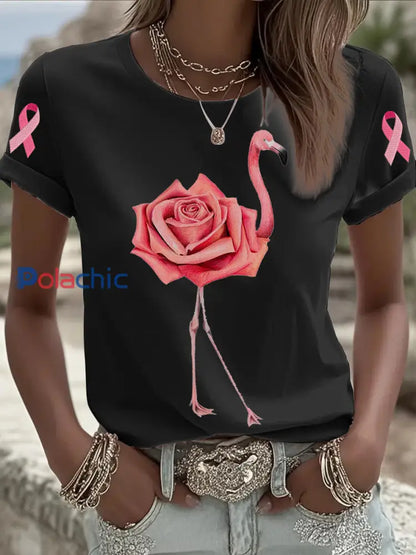 T shirt Femme Rose Flamingo Breast Cancer Awareness à manches courtes Noir / S