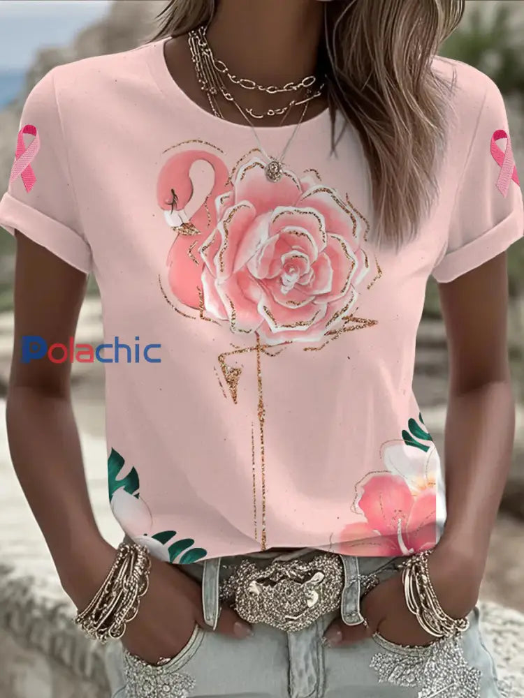 T shirt Femme Rose Flamingo Breast Cancer Awareness à manches courtes Rose / S