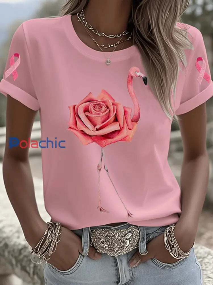 T shirt Femme Rose Flamingo Breast Cancer Awareness à manches courtes Rose / S