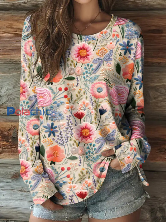 T shirt Femme Rose Floral col rond manches longues comme image / S