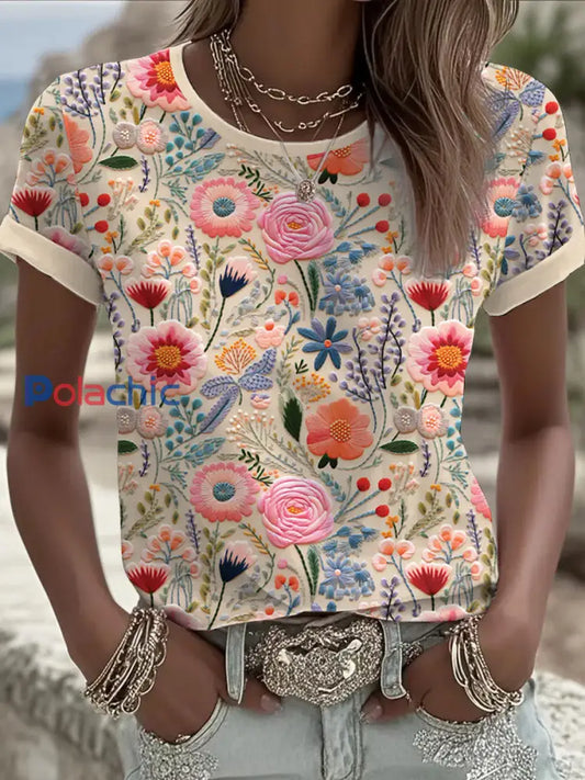 T shirt Femme Rose Floral Manches Courtes comme image / S