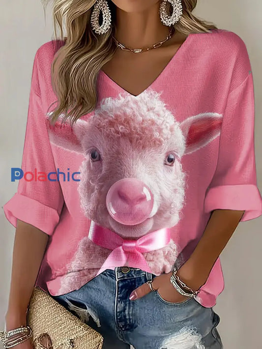 T shirt Femme Rose Gaufré Imprimé Animaux Ruban comme image / S