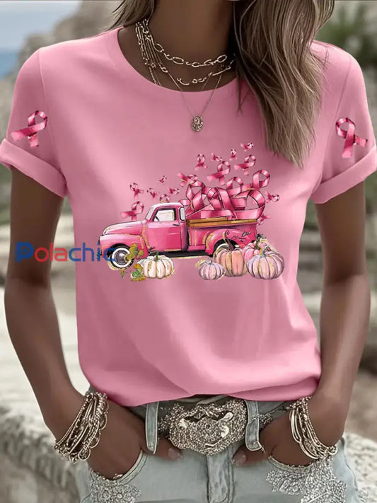 T shirt Femme Rose Imprimé Cancer Du Sein Rose / S