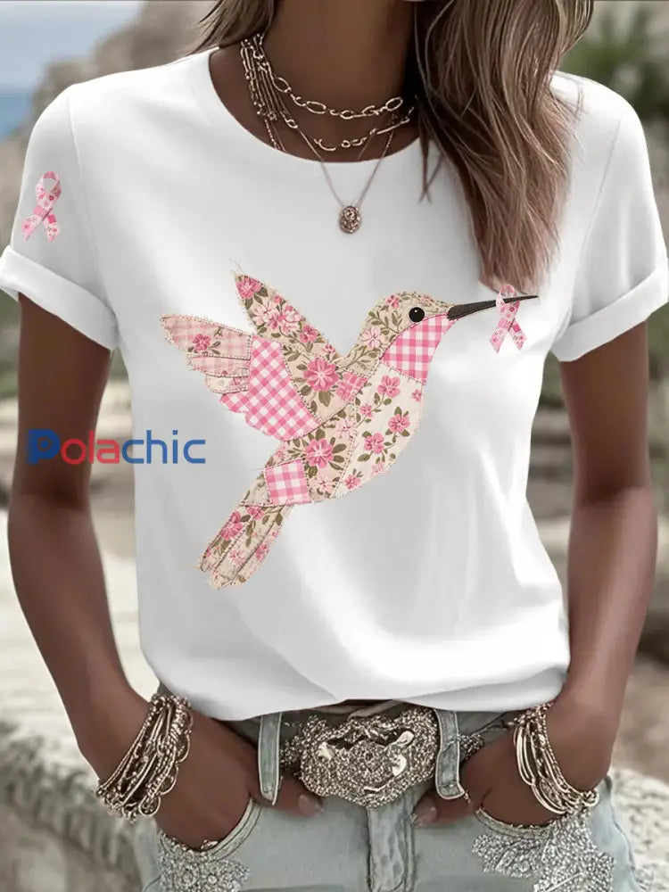 T shirt Femme Rose Imprimé Colibri Blanc / S