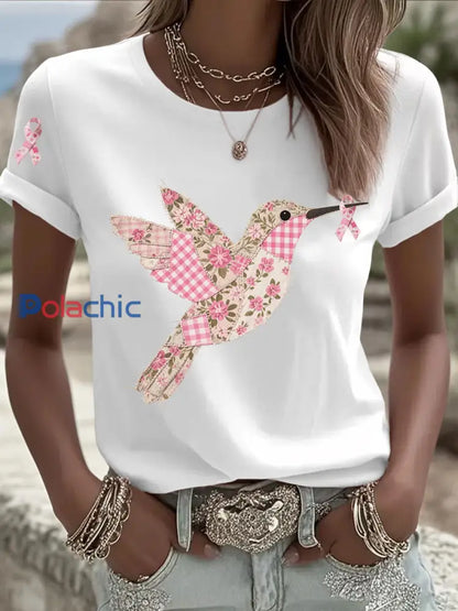 T shirt Femme Rose Imprimé Colibri Blanc / S