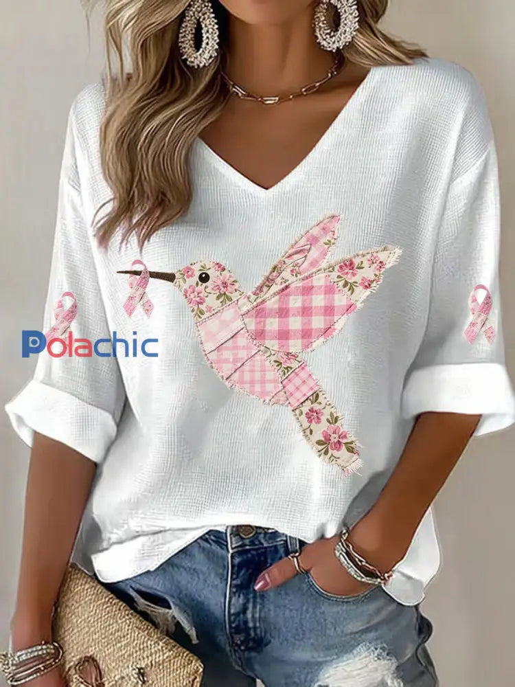 T shirt Femme Rose Imprimé Colibri Blanc / S