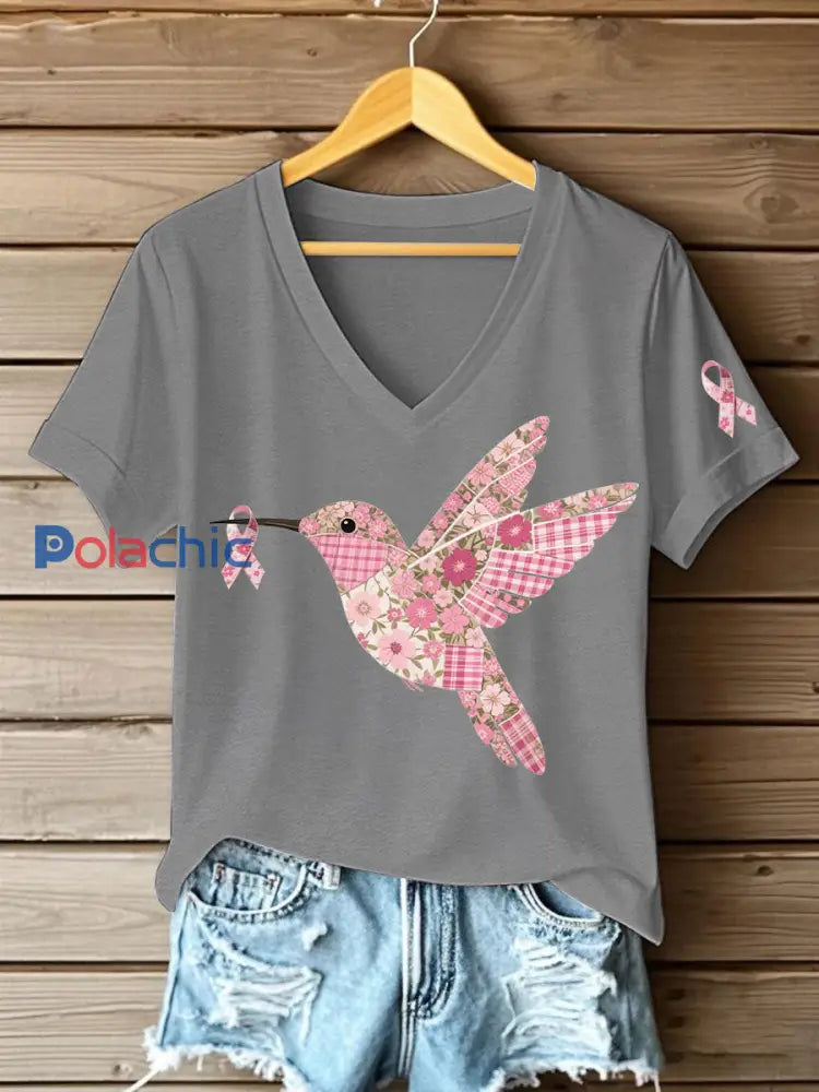 T shirt Femme Rose Imprimé Colibri Gris Clair / S