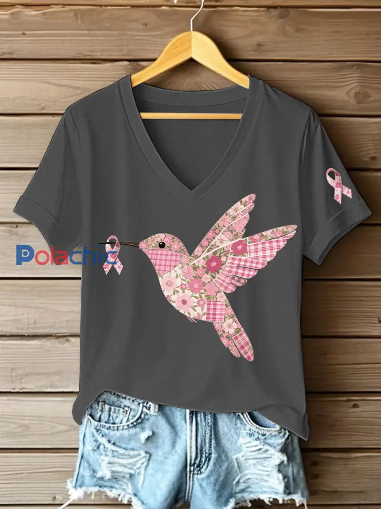 T shirt Femme Rose Imprimé Colibri Gris Foncé / S