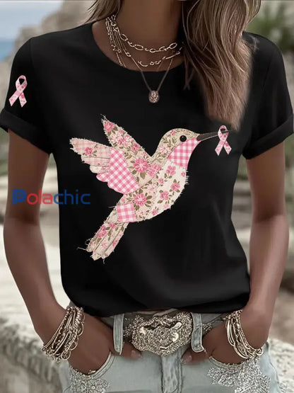 T shirt Femme Rose Imprimé Colibri Noir / S