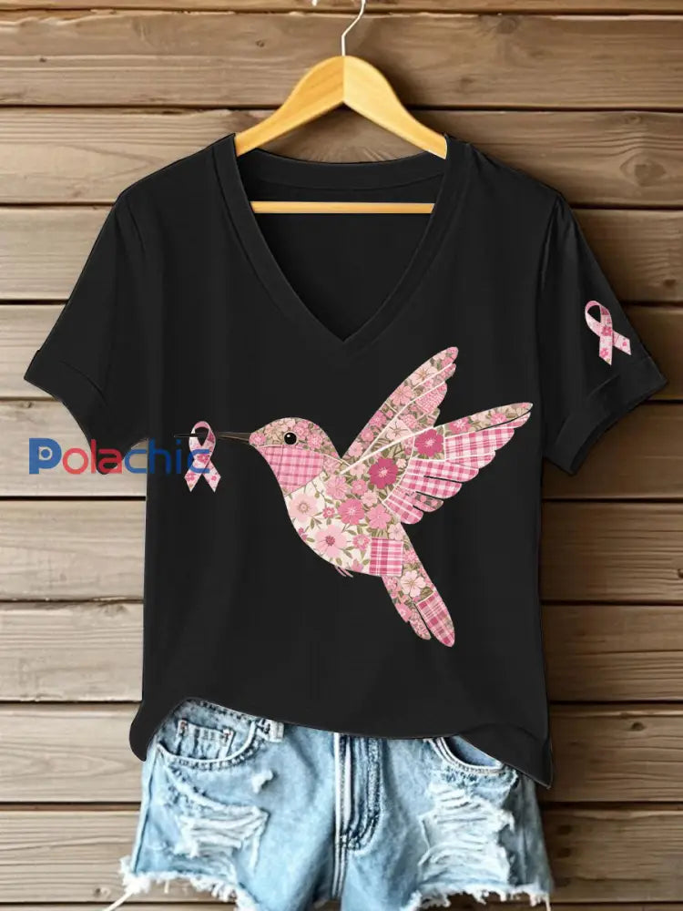 T shirt Femme Rose Imprimé Colibri Noir / S