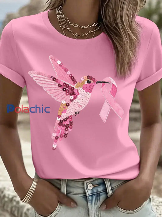 T shirt Femme Rose Motif Colibri à Paillettes Rose / S