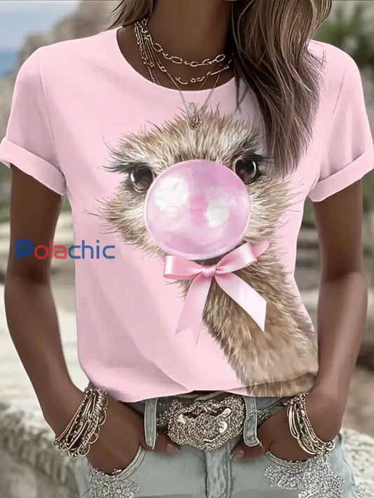 T shirt Femme Rose Ruban Imprimé Animaux à Col Rond comme image / S