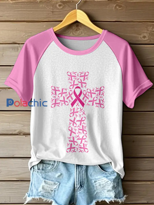 T-shirt Femme Rose Ruban Imprimé Croisé Contrasté Rose / S