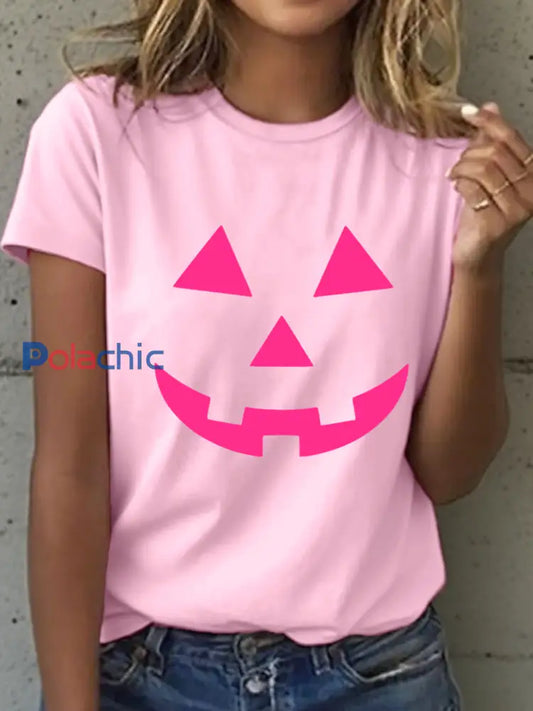 T-shirt Femme Rose Visage De Citrouille Imprimé Rose / S