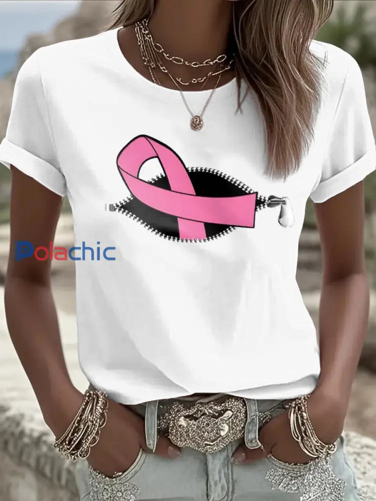 T shirt femme ruban rose à manches courtes sensibilisation au cancer du sein Blanc / S