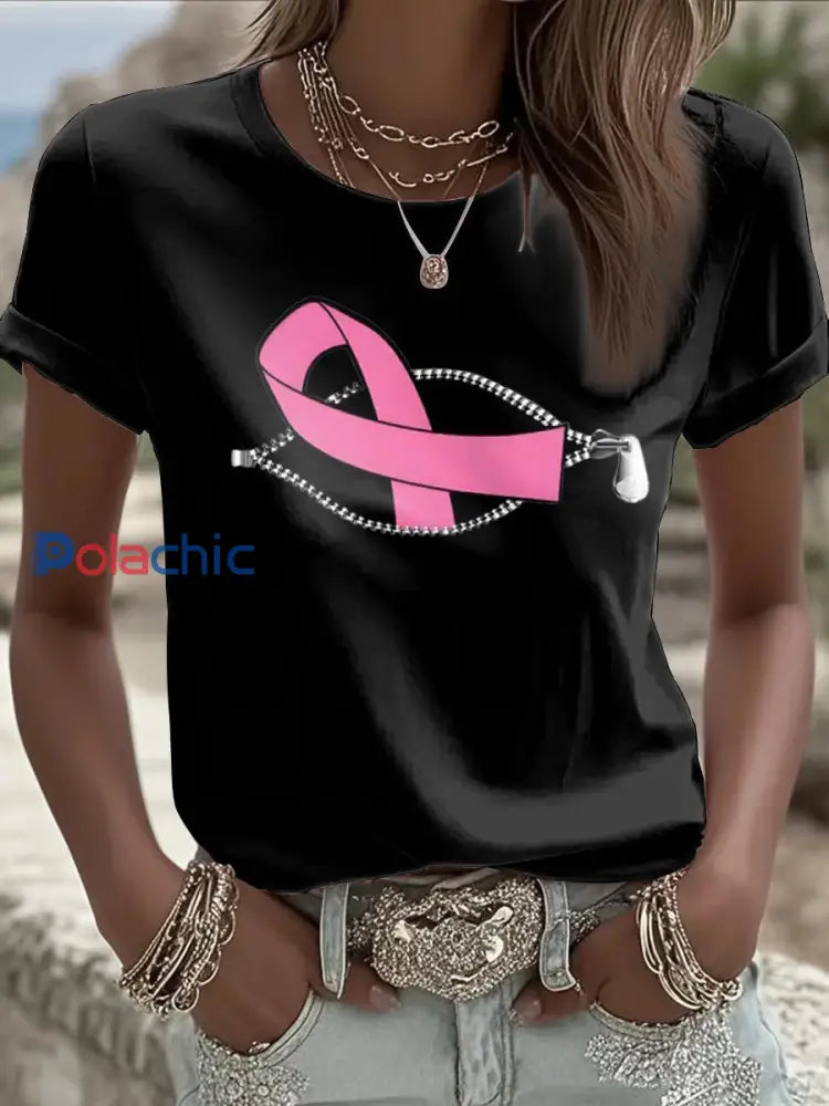 T shirt femme ruban rose à manches courtes sensibilisation au cancer du sein Noir / S