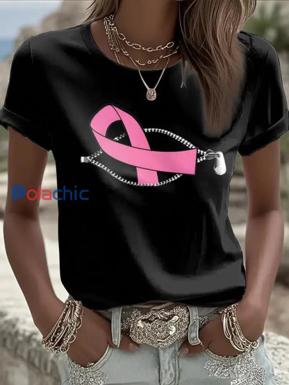 T shirt femme ruban rose à manches courtes sensibilisation au cancer du sein Noir / S