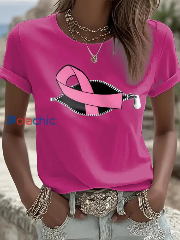 T shirt femme ruban rose à manches courtes sensibilisation au cancer du sein Rose Rouge / S
