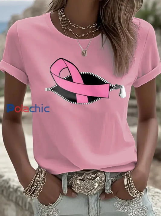 T shirt femme ruban rose à manches courtes sensibilisation au cancer du sein Rose / S