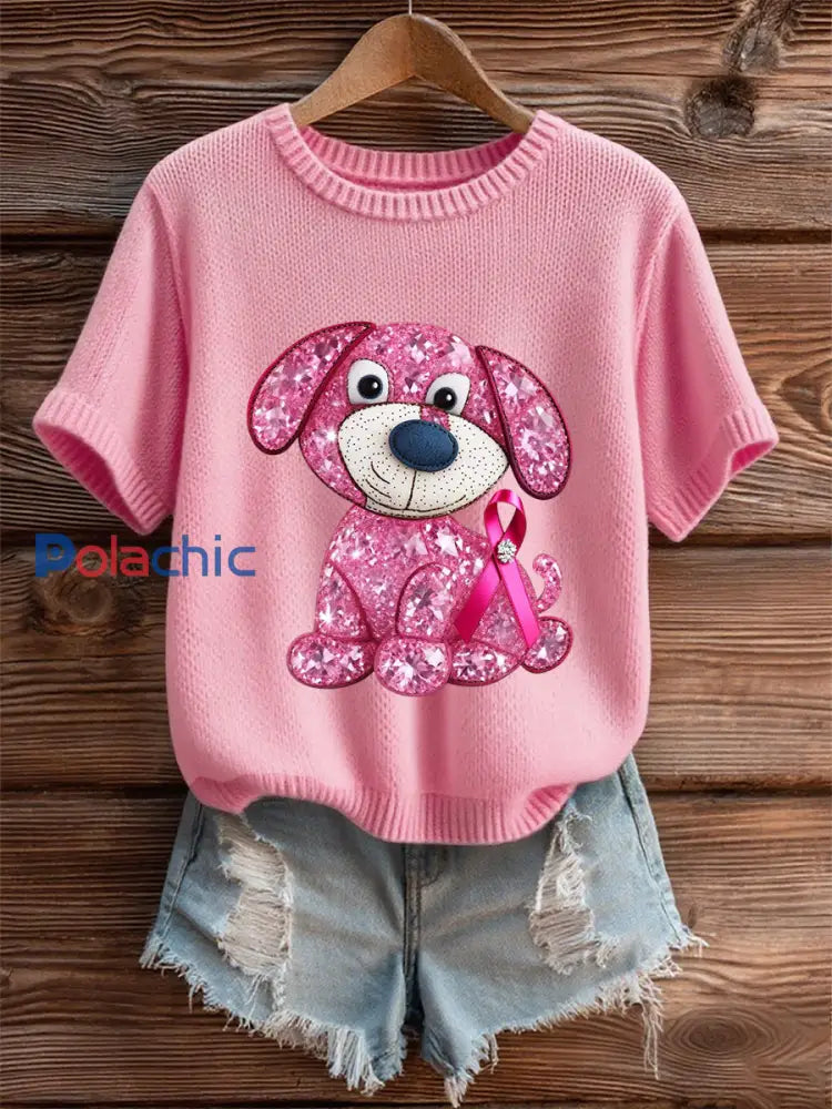 T-shirt femme ruban rose à manches courtes sensibilisation au cancer du sein Rose / S