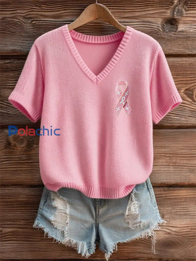T shirt femme ruban rose à manches courtes sensibilisation au cancer du sein Rose / S