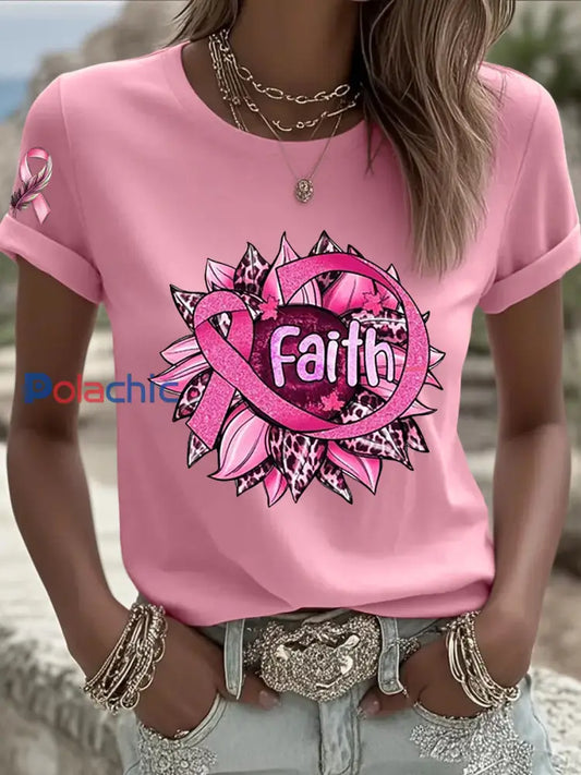 T shirt femme ruban rose à manches courtes sensibilisation au cancer du sein rose / S