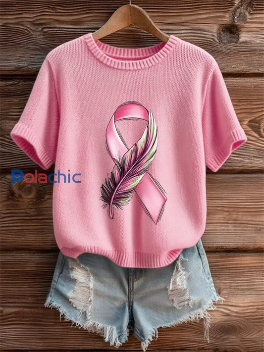 T-shirt femme ruban rose à manches courtes sensibilisation au cancer du sein Rose / S